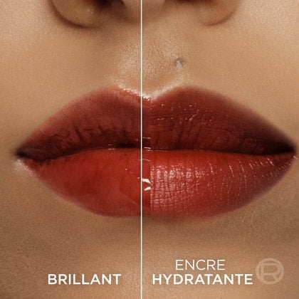 Une image divisée montrant des lèvres : le côté gauche avec un effet brillant ('STARTS GLOSSY') de la teinte 'BORDEAUX PLEASE' et le côté droit avec une finition mate et teintée ('HYDRATED STAIN') de la même couleur.