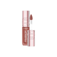 An open bottle of L'Oréal Paris Hyaluron Tint Lip Stain Serum, with the applicator pulled out, displaying the light brown or nude shade of the product