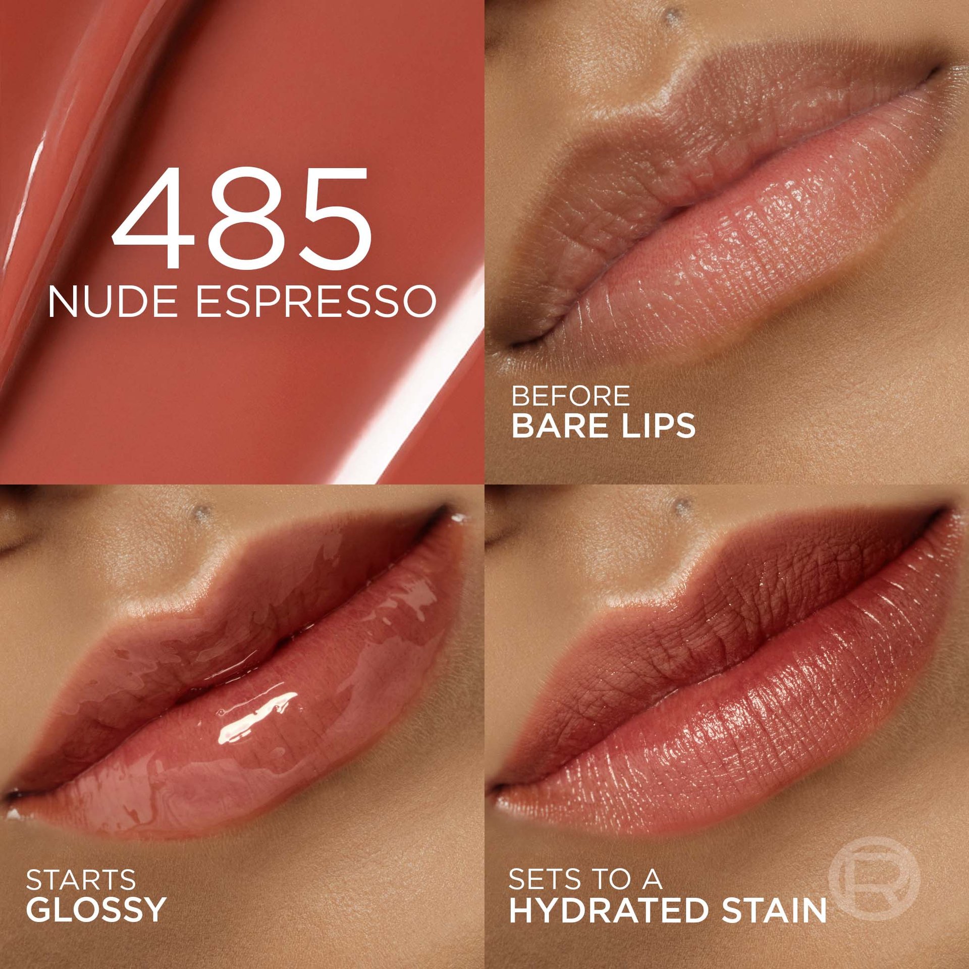A four-panel collage showcasing the '601 WORTH IT' shade. The first panel shows bare lips before application, the second shows the product with a glossy finish ('STARTS GLOSSY'), and the third shows the matte, stained finish ('SETS TO A HYDRATED STAIN'). A coral-pink background with the shade number and name is in the top left