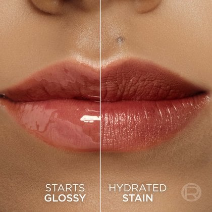 A split image showing lips: the left side with a glossy effect ('STARTS GLOSSY') of the 'WORTH IT' shade and the right side with a matte, stained finish ('HYDRATED STAIN') of the same color