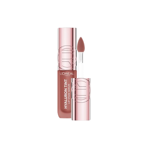 Un flacon ouvert du L'Oréal Paris Hyaluron Tint Lip Stain Serum, avec l'applicateur sorti, montrant la teinte marron clair ou nude du produit