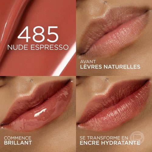 Un collage de quatre images présentant la teinte '485 NUDE ESPRESSO'. La première montre des lèvres nues avant l'application, la deuxième le produit en finition brillante ('STARTS GLOSSY'), et la troisième la finition mate et teintée ('SETS TO A HYDRATED STAIN'). Un fond marron-orangé avec le numéro de la teinte et son nom est en haut à gauche.
