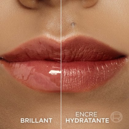 Une image divisée montrant des lèvres : le côté gauche avec un effet brillant ('STARTS GLOSSY') de la teinte 'NUDE ESPRESSO' et le côté droit avec une finition mate et teintée ('HYDRATED STAIN') de la même couleur.