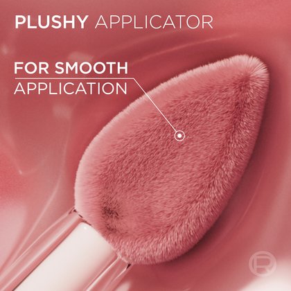 Close-up of the plushy, soft applicator of the L'Oréal Paris Hyaluron Tint, designed for smooth and even product application. Text reads: 'PLUSHY APPLICATOR', 'FOR SMOOTH APPLICATION'