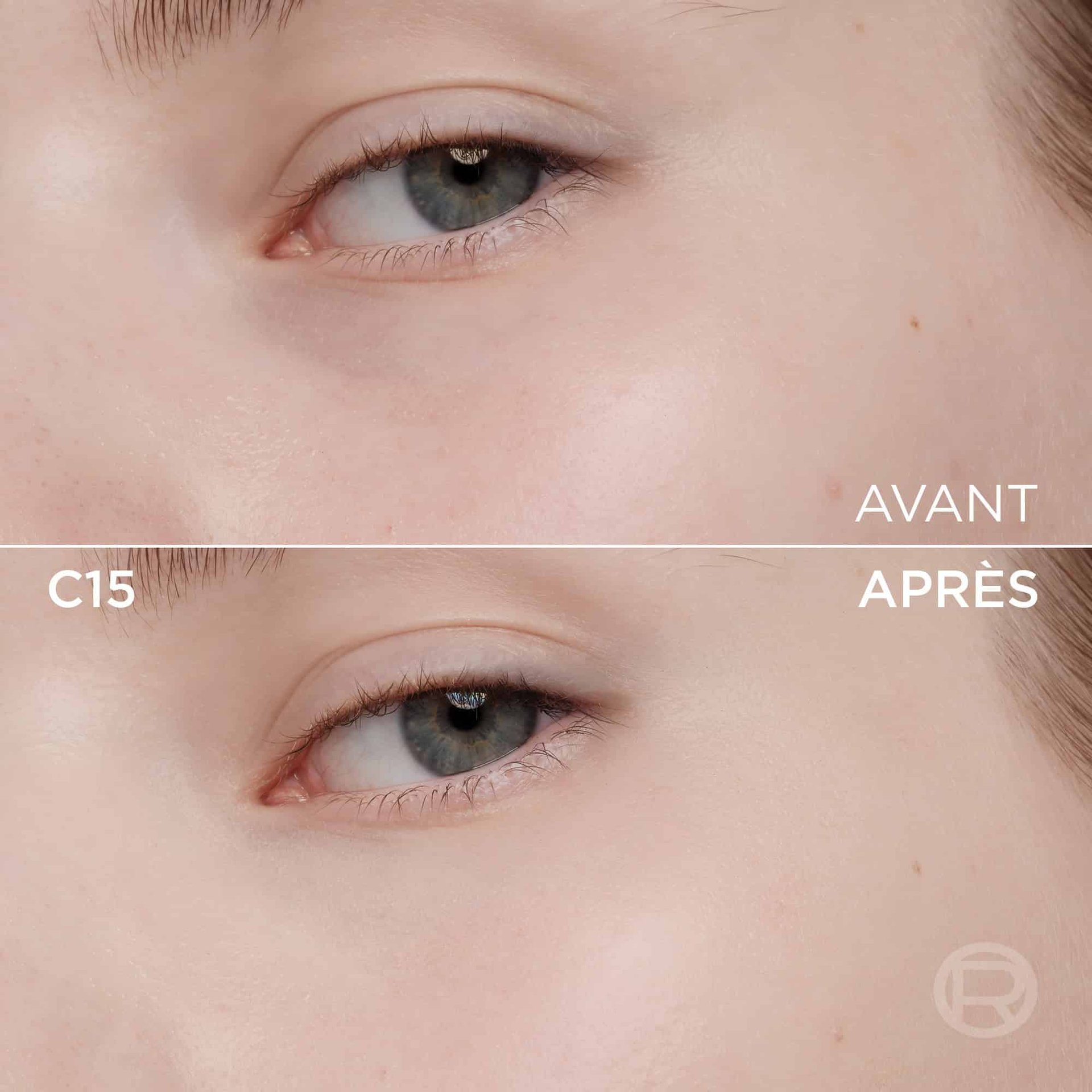 Image divisée montrant un comparatif avant et après de la zone sous l'œil gauche d'une personne à la peau claire. La section supérieure, étiquetée 'BEFORE' (Avant), présente une peau avec quelques légères rougeurs et imperfections. La section inférieure, étiquetée 'C15' et 'AFTER' (Après), montre la même zone des yeux avec une peau visiblement plus lisse, plus uniforme et éclaircie, suite à l'application d'un produit de maquillage. Un discret logo 'R' est visible en bas à droite de la partie 'APRÈS