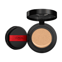 An open L'Oréal cushion foundation compact, black with a red L'Oréal Paris logo on the puff, revealing a light beige foundation in the cushion