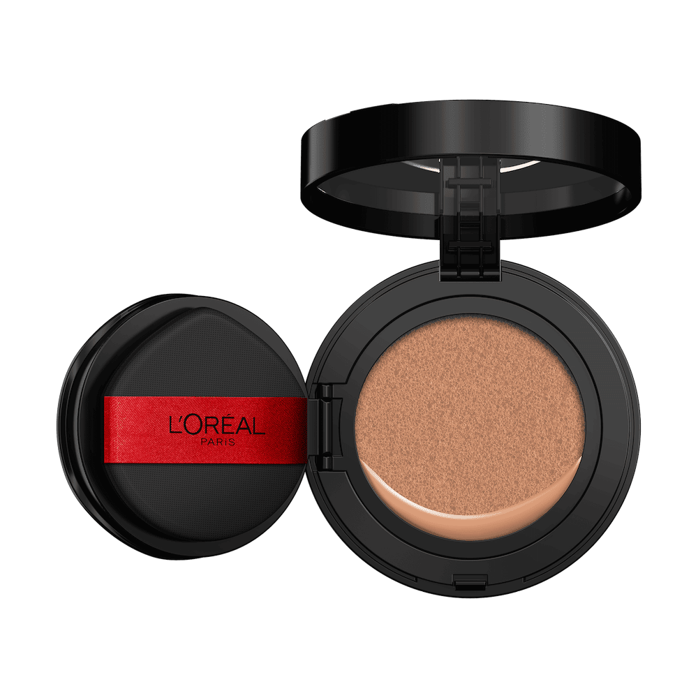 An open L'Oréal cushion foundation compact, black with a red L'Oréal Paris logo on the puff, revealing a light beige foundation in the cushion