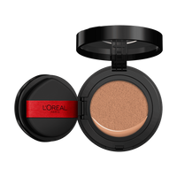 An open L'Oréal cushion foundation compact, black with a red L'Oréal Paris logo on the puff, revealing a light beige foundation in the cushion