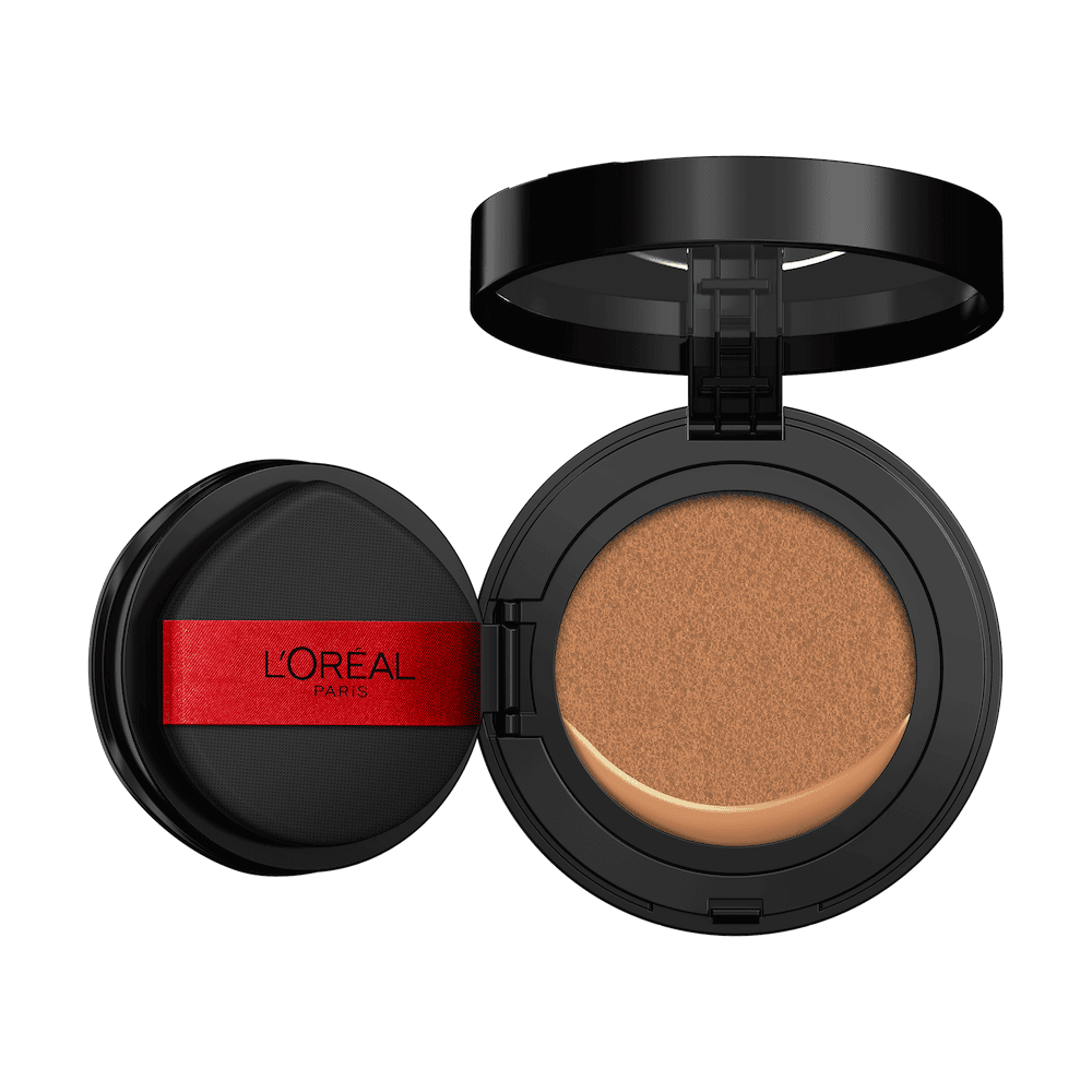 An open L'Oréal cushion foundation compact, black with a red L'Oréal Paris logo on the puff, revealing a light beige foundation in the cushion