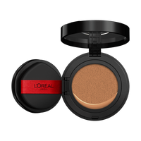 An open L'Oréal cushion foundation compact, black with a red L'Oréal Paris logo on the puff, revealing a light beige foundation in the cushion