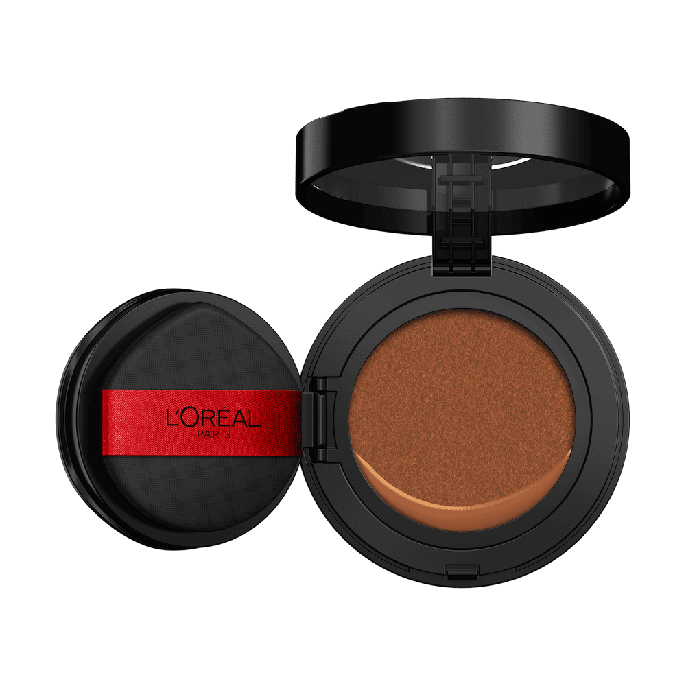 An open L'Oréal cushion foundation compact, black with a red L'Oréal Paris logo on the puff, revealing a light beige foundation in the cushion