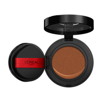 An open L'Oréal cushion foundation compact, black with a red L'Oréal Paris logo on the puff, revealing a light beige foundation in the cushion