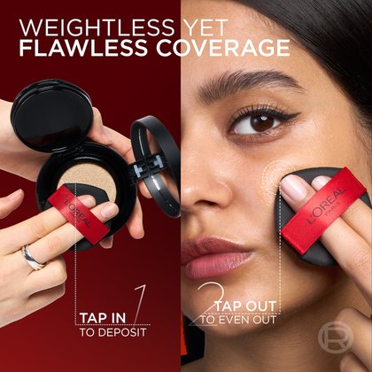 Image split into two sections demonstrating the application of the Cushion Foundation. On the left, a hand uses the applicator to tap into the foundation cushion, labeled '1 TAP IN TO DEPOSIT'. On the right, a woman applies the foundation to her cheek with the applicator, tapping to blend, labeled '2 TAP OUT TO EVEN OUT'. The top text states 'WEIGHTLESS YET FLAWLESS COVERAGE