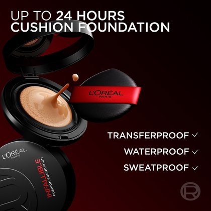Promotional image for L'Oréal Paris Infallible Cushion Foundation. An open black compact case reveals a foundation-soaked cushion and a drop of foundation spilling from it. Alongside is a black applicator with a red L'Oréal ribbon. The text highlights 'UP TO 24 HOURS CUSHION FOUNDATION', 'TRANSFERPROOF', 'WATERPROOF', and 'SWEATPROOF