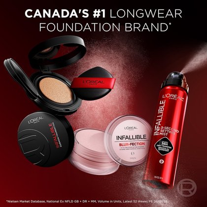visual showcasing several products from L'Oréal Paris's Infallible range. In the center is the open Infallible Cushion Foundation. To its right are a pot of Infallible Blur-fection mattifying powder and a can of Infallible 3-Second Setting Mist. The main text declares 'CANADA'S #1 LONGWEAR FOUNDATION BRAND*', with details on the data source.