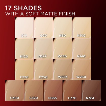 A grid displaying 17 different shade swatches for the Cushion Foundation, ranging from light to dark tones. Each swatch is accompanied by a shade code such as C15, N50, W130, etc. The image title reads '17 SHADES WITH A SOFT MATTE FINISH
