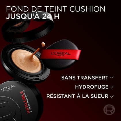 Image publicitaire pour le Fond de Teint Cushion Infallible de L'Oréal Paris. Un boîtier compact noir est ouvert, révélant une éponge imbibée de fond de teint beige clair et une goutte de produit s'échappant de l'éponge. À côté se trouve un applicateur noir avec un ruban rouge L'Oréal. Le texte met en avant 'FOND DE TEINT CUSHION JUSQU'À 24 H', 'SANS TRANSFERT', 'HYDROFUGE', et 'RÉSISTANT À LA SUEUR