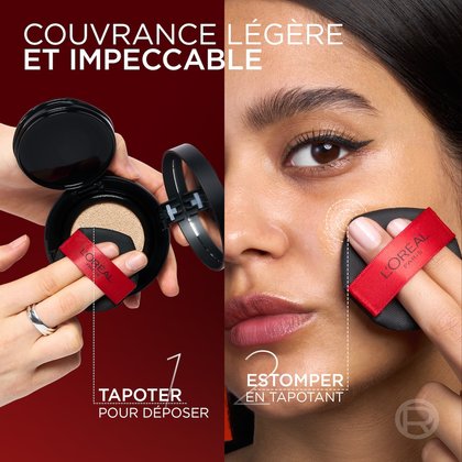 Image divisée en deux sections montrant l'application du Fond de Teint Cushion. À gauche, une main utilise l'applicateur pour tapoter le fond de teint sur l'éponge du boîtier, avec l'indication '1 TAPOTER POUR DÉPOSER'. À droite, une femme applique le fond de teint sur sa joue avec l'applicateur en tapotant pour l'estomper, avec l'indication '2 ESTOMPER EN TAPOTANT'. Le texte en haut mentionne 'COUVRANCE LÉGÈRE ET IMPECCABLE