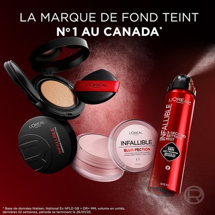 Visuel présentant plusieurs produits de la gamme Infallible de L'Oréal Paris. Au centre, le Fond de Teint Cushion Infallible ouvert. À sa droite, un pot de poudre matifiante Infallible Blur-fection et une bombe de spray fixateur Infallible 3-Second Setting Mist. Le texte principal annonce 'LA MARQUE DE FOND DE TEINT N°1 AU CANADA *', avec des précisions sur la source des données