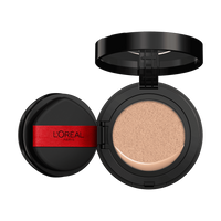 Un compact de fond de teint coussin L'Oréal ouvert, noir avec un logo L'Oréal Paris rouge sur la houppette, révélant un fond de teint beige clair dans le coussin