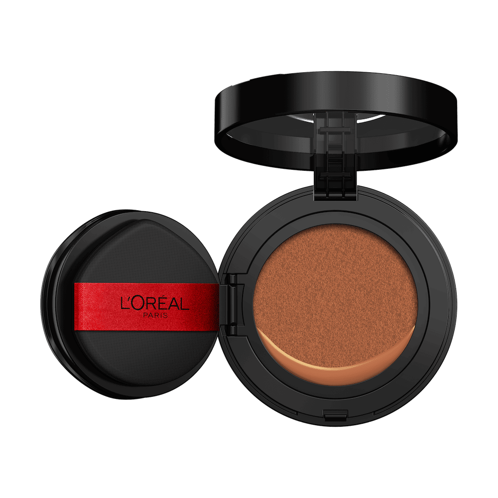 An open L'Oréal cushion foundation compact, black with a red L'Oréal Paris logo on the puff, revealing a light beige foundation in the cushion