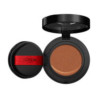 An open L'Oréal cushion foundation compact, black with a red L'Oréal Paris logo on the puff, revealing a light beige foundation in the cushion