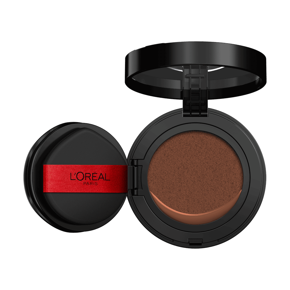 An open L'Oréal cushion foundation compact, black with a red L'Oréal Paris logo on the puff, revealing a light beige foundation in the cushion