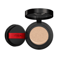 An open L'Oréal cushion foundation compact, black with a red L'Oréal Paris logo on the puff, revealing a light beige foundation in the cushion