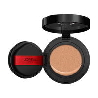 An open L'Oréal cushion foundation compact, black with a red L'Oréal Paris logo on the puff, revealing a light beige foundation in the cushion