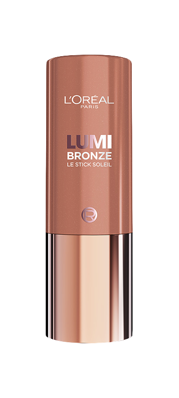 A L'Oréal Paris Lumi Bronze Le Stick Soleil bronzing stick. The packaging is a shimmering rose-gold metallic tube with the brand 'L'Oréal Paris' at the top, and 'LUMI BRONZE LE STICK SOLEIL' written in white and bronze lettering below it. The bottom half of the stick has a more reflective, smooth metallic finish.