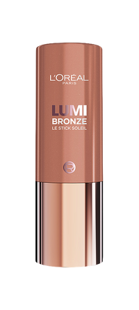 A L'Oréal Paris Lumi Bronze Le Stick Soleil bronzing stick. The packaging is a shimmering rose-gold metallic tube with the brand 'L'Oréal Paris' at the top, and 'LUMI BRONZE LE STICK SOLEIL' written in white and bronze lettering below it. The bottom half of the stick has a more reflective, smooth metallic finish.