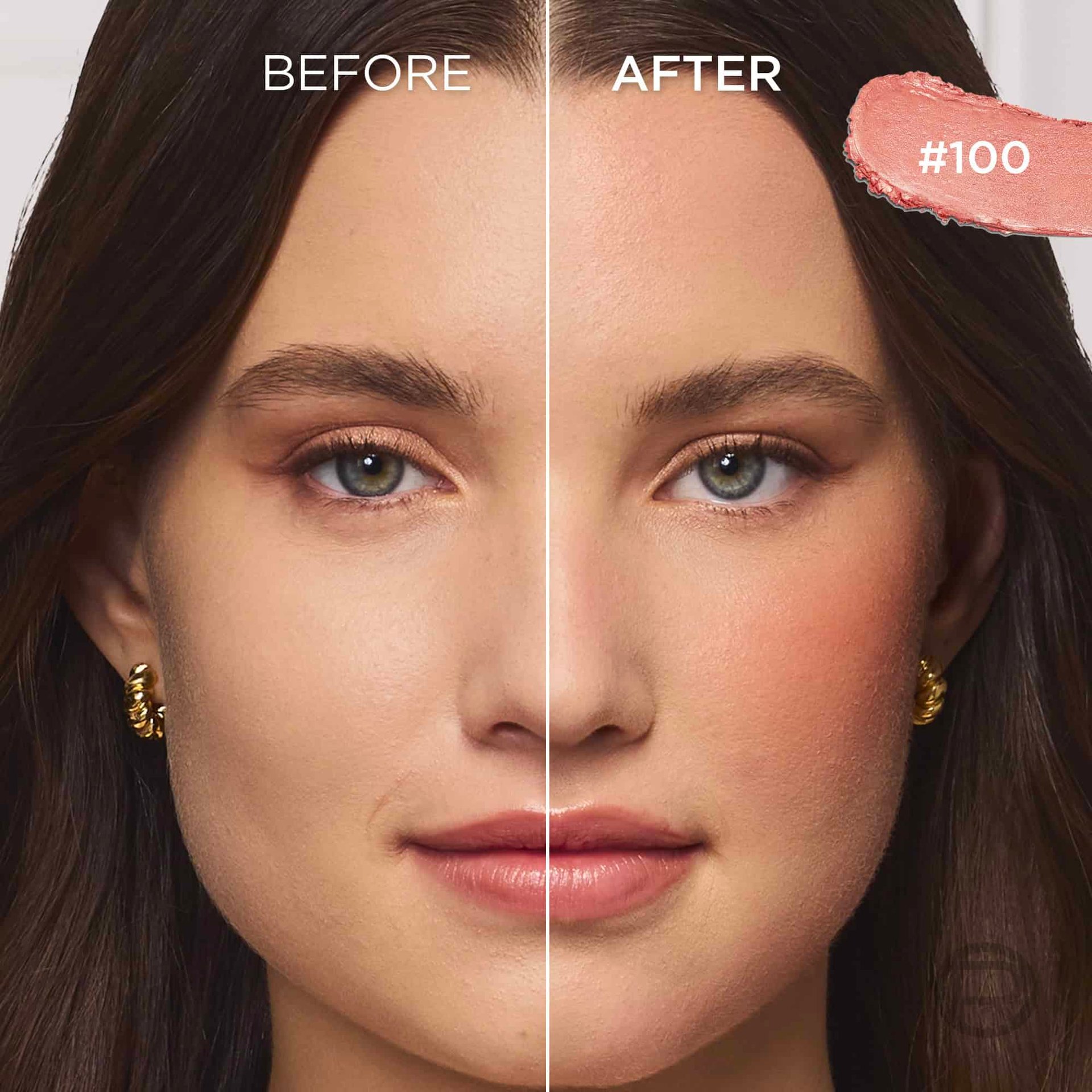 A split image showing a woman's face. The 'BEFORE' side on the left shows her bare skin, while the 'AFTER' side on the right displays a natural-looking blush applied to her cheeks, giving a healthy glow. In the top right corner, a swatch of the blush shade '#100' is visible.