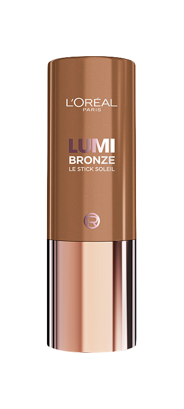 A L'Oréal Paris Lumi Bronze Le Stick Soleil bronzing stick. The product is housed in a sleek, upright tube with a shimmering bronze-brown top half, which transitions to a reflective, metallic rose-gold finish on the bottom half. The L'Oréal Paris logo is visible at the top, and 'LUMI BRONZE LE STICK SOLEIL' is written in a combination of light and dark bronze fonts on the upper part of the tube.