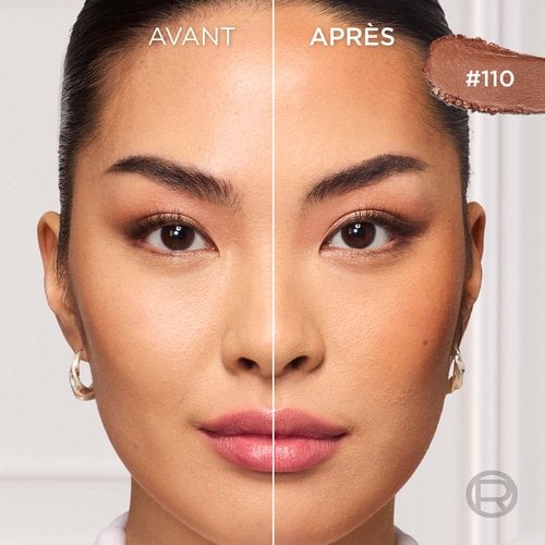 Image divisée du visage d'une femme à la carnation moyenne. La partie 'AVANT' à gauche montre son teint naturel, tandis que la partie 'APRÈS' à droite présente un look hâlé et bronzé avec une définition faciale accentuée. Dans le coin supérieur droit, un échantillon du produit dans la teinte '#110' est visible
