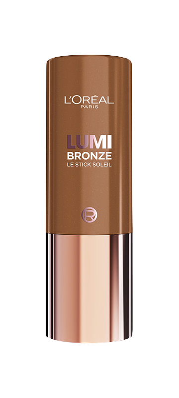 A L'Oréal Paris Lumi Bronze Le Stick Soleil bronzing stick is presented upright against a white background. The cylindrical product features a shimmering, metallic brown casing on the top half, adorned with the 'L'Oréal Paris' logo at the very top. Below the logo, the words 'LUMI BRONZE' are prominently displayed in a lighter, metallic rose-gold color, followed by 'LE STICK SOLEIL' in a smaller, darker font. A subtle, round logo with an 'R' is also visible further down. The bottom half of the stick has a sleek, highly reflective rose-gold metallic finish, contrasting with the more textured appearance of the top.