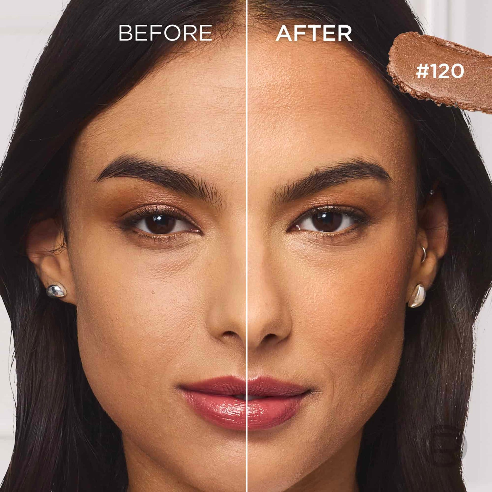 A split image displaying a woman's face with a warm, olive complexion. The 'BEFORE' side on the left shows her natural skin tone, while the 'AFTER' side on the right illustrates a sun-kissed, glowing bronzed effect with added warmth and definition to her cheeks. A swatch of the product in shade '#120' is visible in the top right corner.