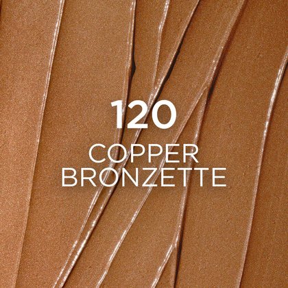 Gros plan d'un échantillon de maquillage texturé dans la teinte '120 Copper Bronzette', présentant une couleur bronze cuivrée profonde et chatoyante avec des stries brillantes et visibles.