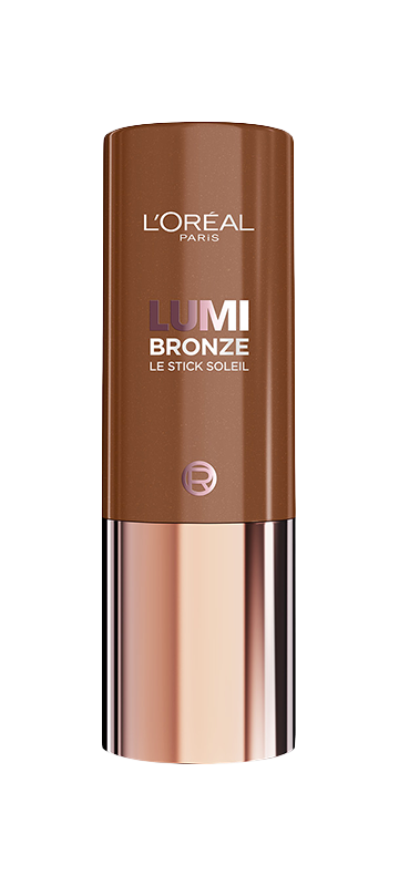 A L'Oréal Paris Lumi Bronze Le Stick Soleil bronzing stick stands upright against a white background. The cylindrical packaging is divided into two main sections: the upper portion is a shimmering, deep bronze-brown color with the 'L'Oréal Paris' logo and 'LUMI BRONZE LE STICK SOLEIL' text prominently displayed in a lighter, metallic bronze. A small, circular L'Oréal symbol is also visible. The lower half of the stick features a highly reflective, smooth rose-gold metallic finish