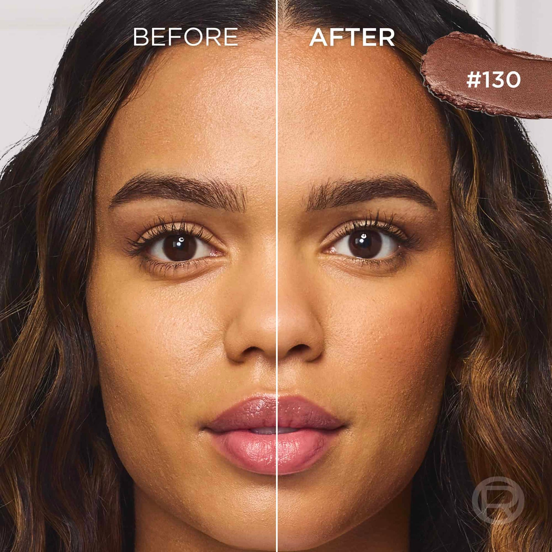 A split image of a woman's face with a rich, warm brown skin tone. The 'BEFORE' side on the left shows her natural complexion, while the 'AFTER' side on the right displays a beautifully bronzed and subtly contoured look, adding depth and warmth to her features. A swatch of the product in shade '#130' is visible in the top right corner