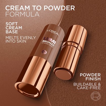 An open L'Oréal Lumi Bronze stick with its cap, showcasing the product and its rose gold packaging. It is placed on a textured bronze background. Text highlights 'CREAM TO POWDER FORMULA', 'SOFT CREAM BASE', 'MELTS EVENLY INTO SKIN', 'POWDER FINISH', and 'BUILDABLE & CAKE-FREE