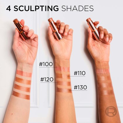 Three arms with varying skin tones, from light to deep, showcasing swatches of four sculpting shades: #100 (rose), #110 (golden bronze), #120 (copper bronze), and #130 (deep golden brown). Each arm holds a L'Oréal Lumi Bronze stick, demonstrating the different colors applied to the skin.