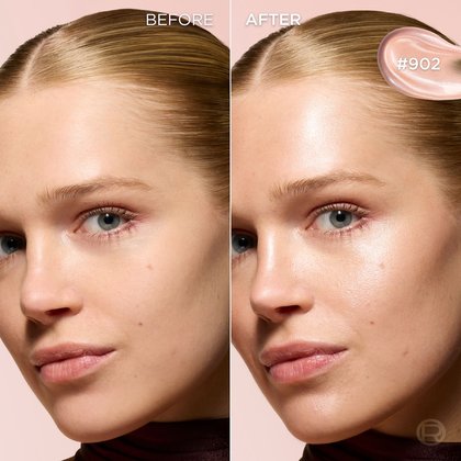 A split image of a woman's face with fair skin and blue eyes. The 'BEFORE' side on the left shows her natural complexion, while the 'AFTER' side on the right showcases a radiant, dewy glow on her cheekbones and forehead, indicating the application of a highlighter. A shimmery pink swatch of product '#902' is visible in the top right corner
