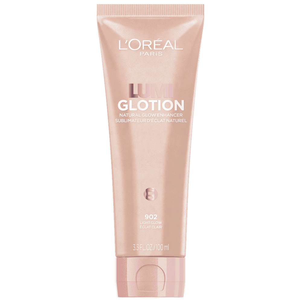 A product shot of a light pink, squeeze tube of L'Oréal Paris Lumi Glotion, Natural Glow Enhancer in shade 902 Light Glow, 3.3 fl. oz. / 100 ml. The tube has a light pink cap and features the brand and product name prominently.