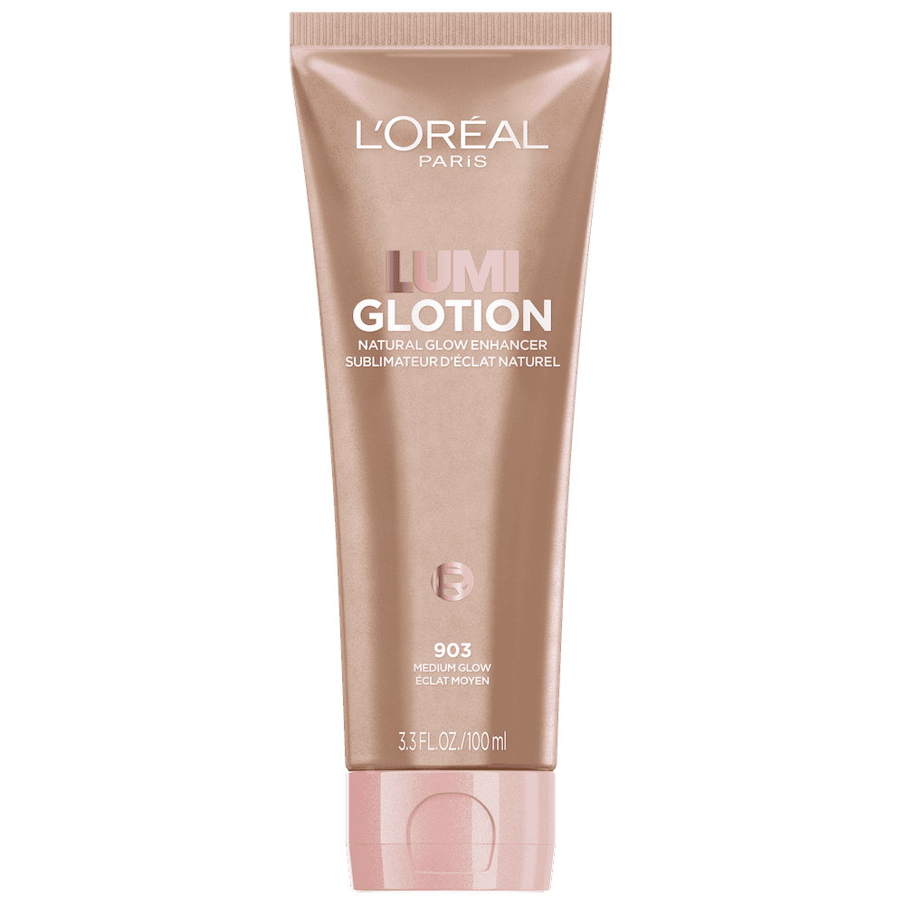 Photo d'un tube souple de couleur rose clair de L'Oréal Paris Lumi Glotion, Sublimateur d'éclat naturel, dans la teinte 903 Éclat Clair, 100 ml. Le tube a un capuchon rose clair et affiche clairement le nom de la marque et du produit.