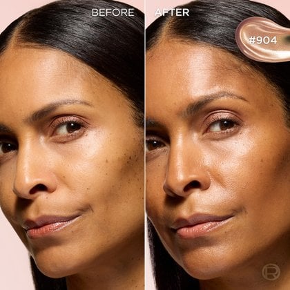 A split image of a woman's face with fair skin and blue eyes. The 'BEFORE' side on the left shows her natural complexion, while the 'AFTER' side on the right showcases a radiant, dewy glow on her cheekbones and forehead, indicating the application of a highlighter. A shimmery pink swatch of product '#904' is visible in the top right corner