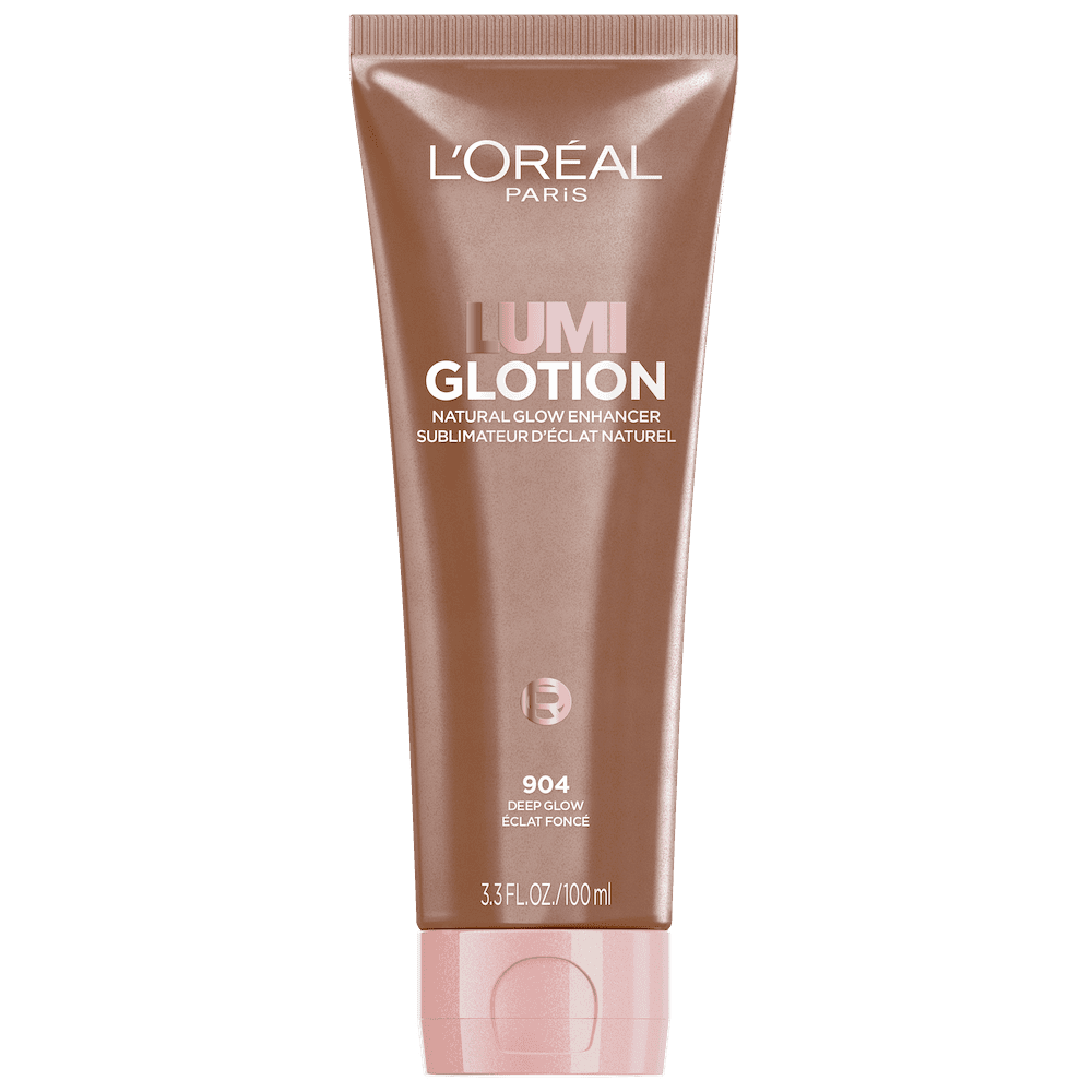 A product shot of a brownish-pink squeeze tube of L'Oréal Paris Lumi Glotion, Natural Glow Enhancer in shade 904 Deep Glow, 3.3 fl. oz. / 100 ml. The tube has a light pink cap and features the brand and product name prominently.