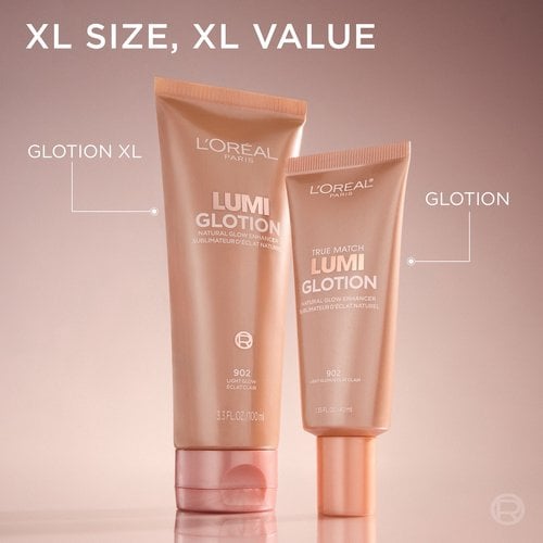 Two tubes of L'Oréal Paris Lumi Glotion, Natural Glow Enhancer, are displayed side-by-side on a soft pink background. The larger tube on the left is labeled 'GLOTION XL' and contains 3.3 FL. OZ. / 100 ML. The smaller tube on the right is labeled 'GLOTION', includes 'TRUE MATCH Lumi Glotion', and contains 1.35 FL. OZ. / 40 ML. Both are in shade 902 Light Glow. The text 'XL SIZE, XL VALUE' is prominently displayed at the top of the image."