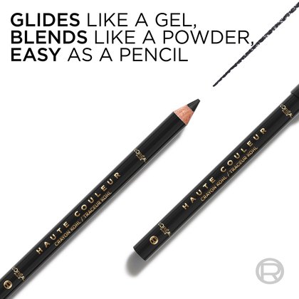 A close-up of the eyeliner pencil with text: "Glides like a gel, blends like a powder, easy as a pencil," highlighting its versatile formula.