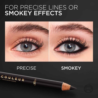 Comparison panels showing two different makeup effects achieved with the pencil: a "Precise" sharp line and a "Smokey" blended look.