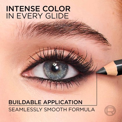 A close-up of an eye being defined by the eyeliner pencil with the headline "Intense Color in Every Glide," emphasizing the seamless, buildable application.